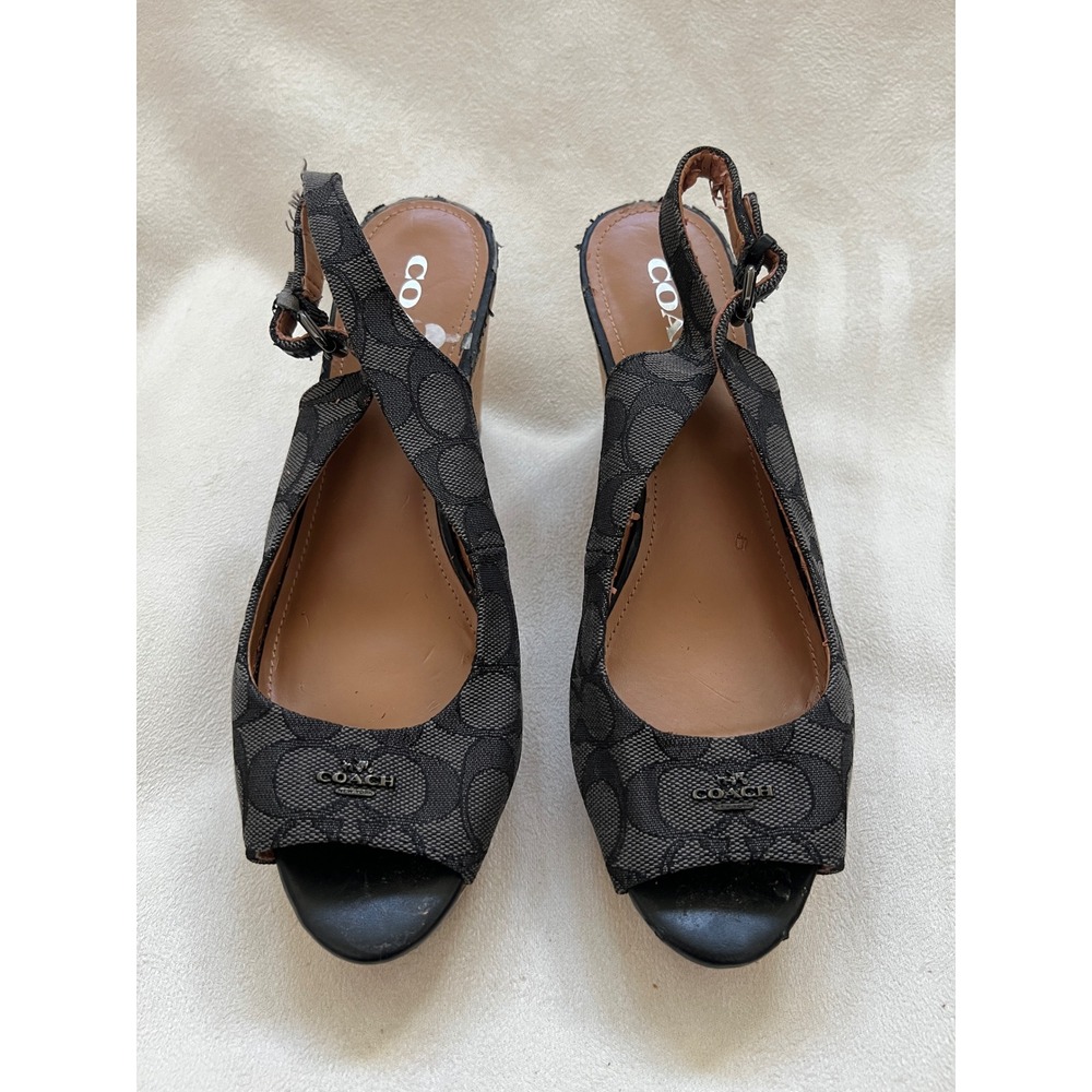 Coach Signature Monogram Canvas Cork Wedge Slingback Sandals Black Gray 8.5 B